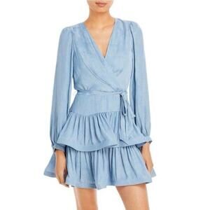 BCBGMAXAZRIA Dress Size 4  tiered cottagecore  Blue satin‎ floral Victorian wrap